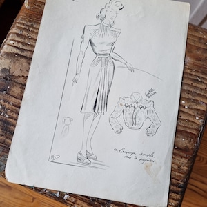 Exceptionnel et Unique ! Dessin de Mode Années 1940s, Croquis au Crayon et Encre sur Papier Dessin, Vintage Français