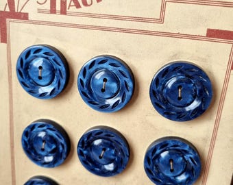 Mercerie Ancienne - Superbes Boutons Années 1930s 1940s en Polymère Marbré Bleu Électrique, Stock Français