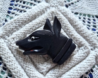 Magnífico Broche Années 1940s en Galalithe Noire peinte, Tête de Chien, Français