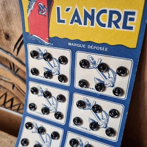 Mercerie Ancienne - Boutons Pression "L'Ancre" Circa 1940s sur Carte D'origine, Métal Noir, Stock Français