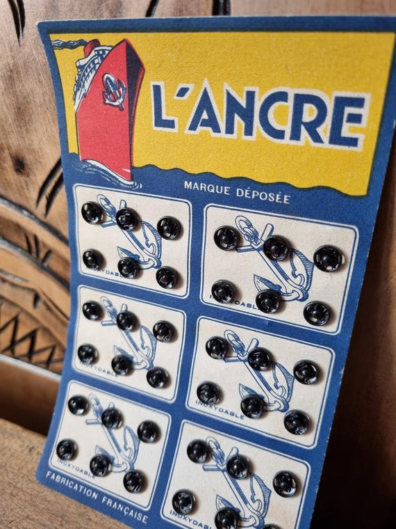 Mercerie Ancienne - Boutons Pression "L'Ancre" Circa 1940s sur Carte D'origine, Métal Noir, Stock Français