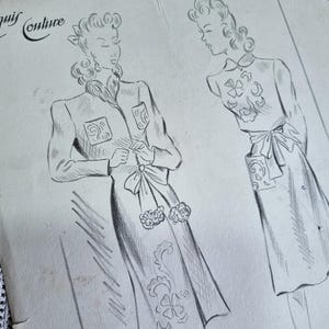 Exceptionnel et Unique ! Superbe Dessin de Mode Années 1940s, Crayon et Encre sur Papier, Vintage Français