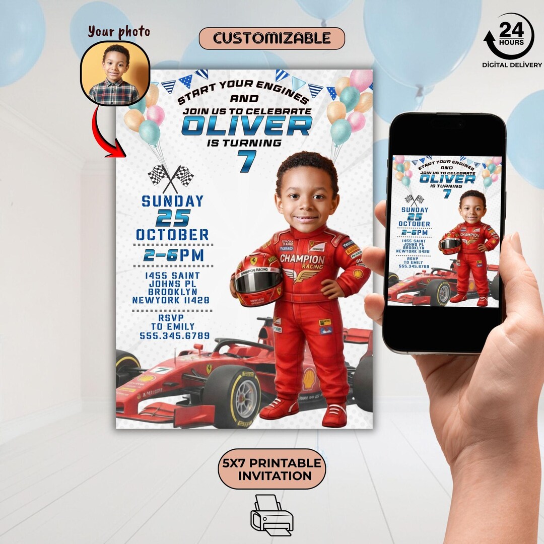 Personalized Racer Kid Birthday Party Invitation Card With Photo ...