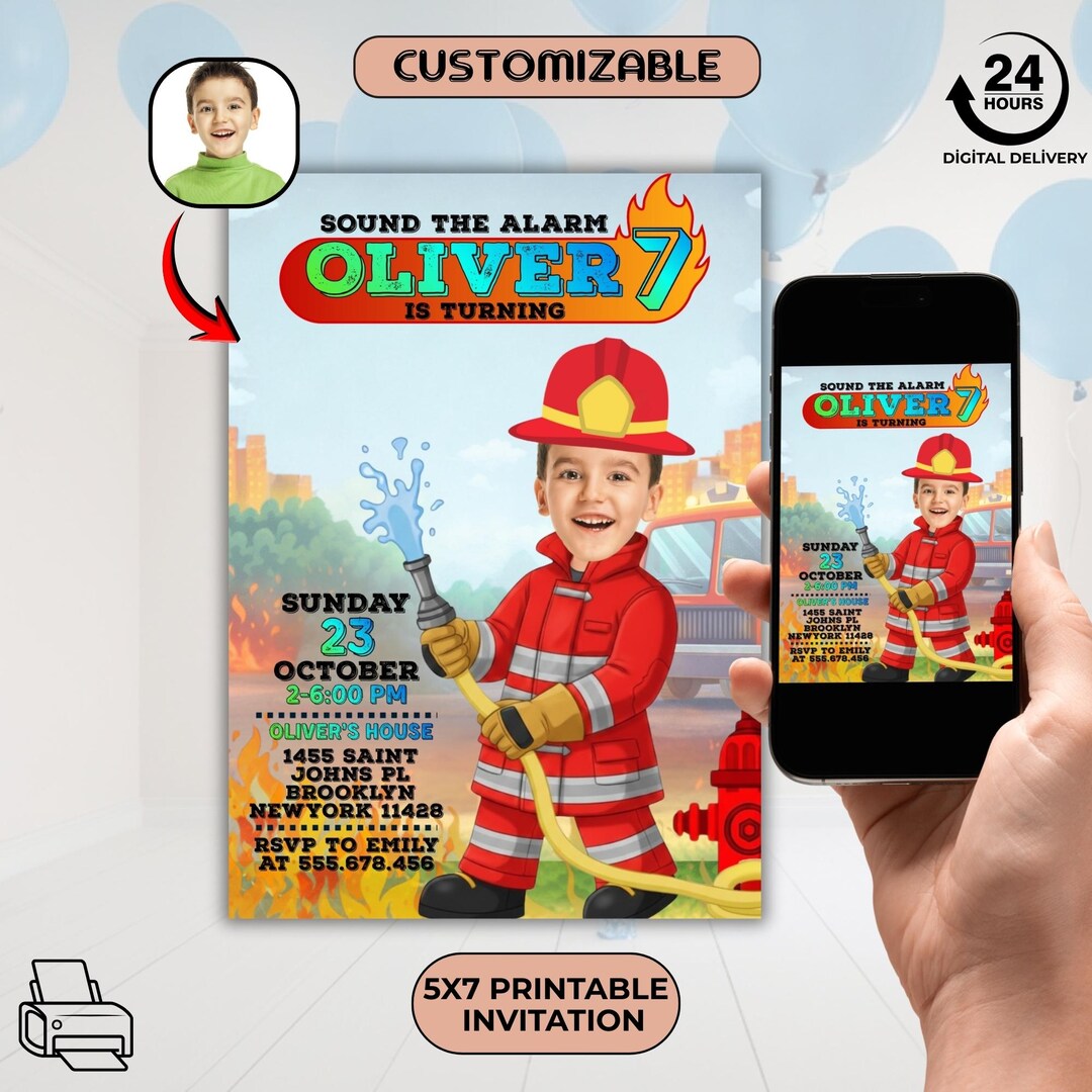 Firefighting Invitation Custom Firefighter Photo Invitation, Fire Truck Birthday Party Invite ...