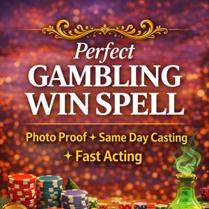 May include: An image with the text "Perfect Gambling Win Spell". The image features stacks of poker chips, playing cards, gold coins, a horseshoe, a green potion bottle, and dice on a wooden table.