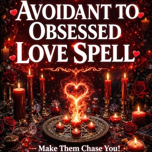 Puede incluir: Imagen promocional para un servicio de hechizos de amor. La imagen presenta el texto "Avoidant to Obsessed Love Spell" en blanco, con un fondo rojo y negro. La imagen incluye velas, rosas y el texto "Make Them Chase You!" y "Photo Proof, Same Day Casting, Fast Acting."