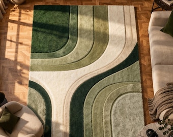 Alfombra abstracta moderna de 5x7, 8x10 y 9x12 pies, alfombra de lana tejida a mano, alfombra geométrica verde, alfombra de lujo para sala de estar y dormitorio.