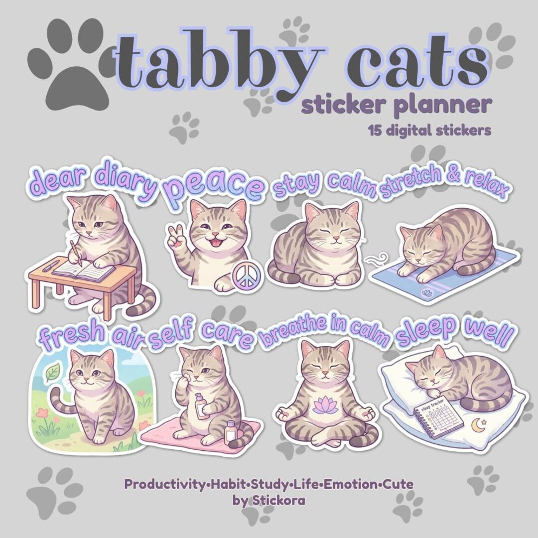 Tabby Cat Digital Sticker Pack | Planner, Self-care, Relaxing Cats ...