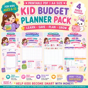 May include: A printable A4 size kid budget planner pack featuring four pages with colorful illustrations of a girl and a rabbit. The pages include a savings goal page, a weekly chore and earnings chart, a save-spend-share tracker, and a mini kid budget planner with text.