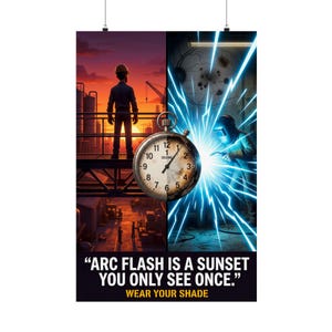 May include: Poster with a split design. One side shows a worker at sunset, the other a welder with bright blue sparks. A pocket watch is in the center. Text reads "ARC FLASH IS A SUNSET YOU ONLY SEE ONCE." and "WEAR YOUR SHADE."