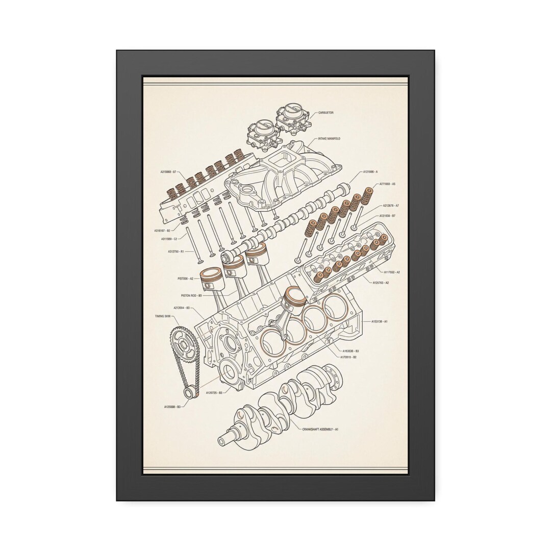 Engine Parts Diagram Framed Poster | Mechanical Blueprint Wall Art - Etsy