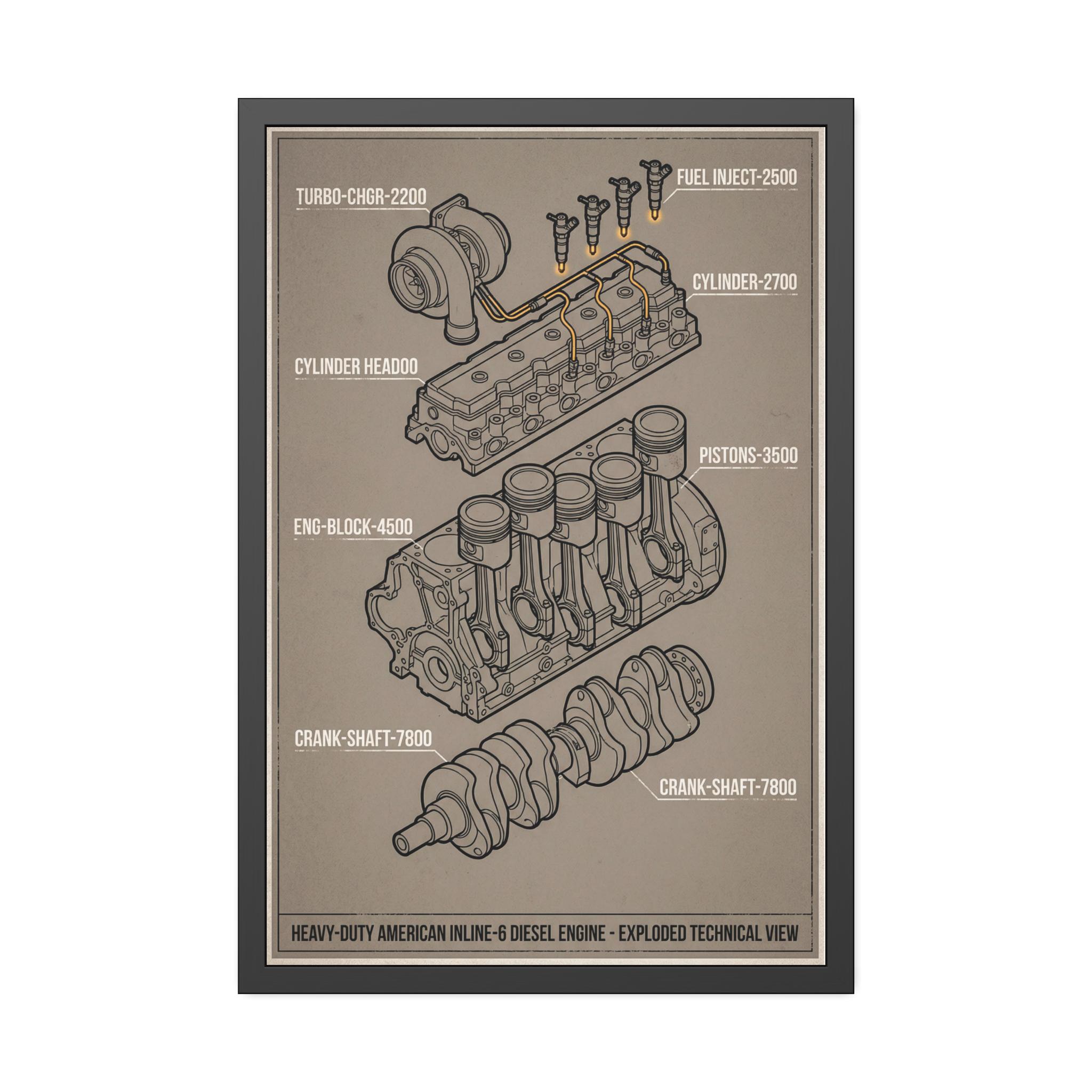 Diesel Engine Exploded View Framed Paper Poster | Mechanical Blueprint ...