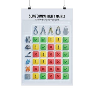 May include: A poster titled "SLING COMPATIBILITY MATRIX" with the text "KNOW BEFORE YOU LIFT". The poster displays a grid showing compatibility between different sling types and materials, using check marks, exclamation points, and X marks.
