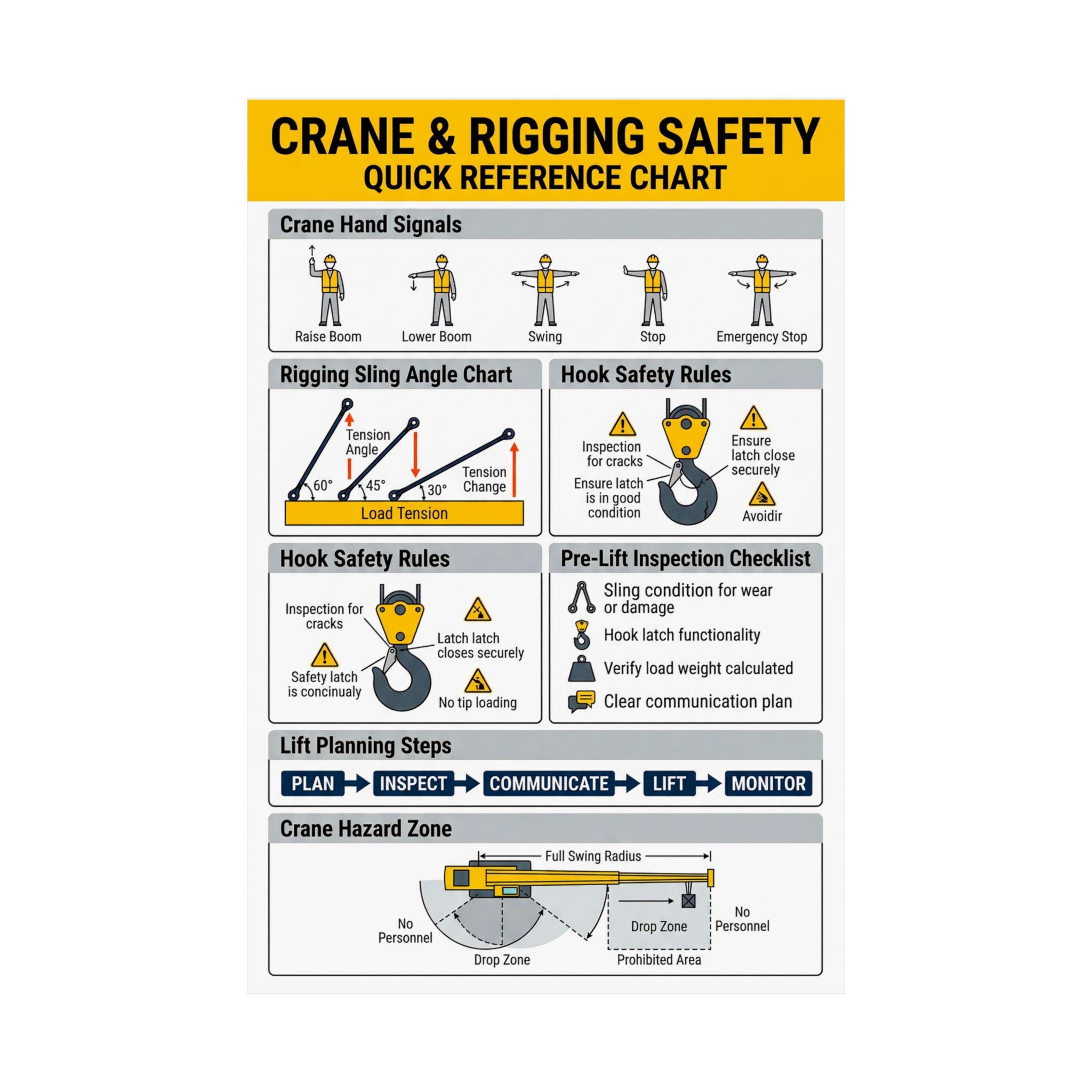 Crane Rigging Safety Chart | Hand Signals, Sling Angles, Lift Planning ...