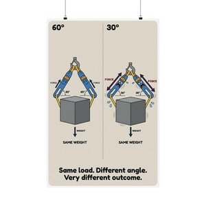 May include: A poster illustrating the concept of force and angle. It shows two scenarios: one with a 60-degree angle and another with a 30-degree angle, both lifting the same weight. The text reads: "Same load. Different angle. Very different outcome."