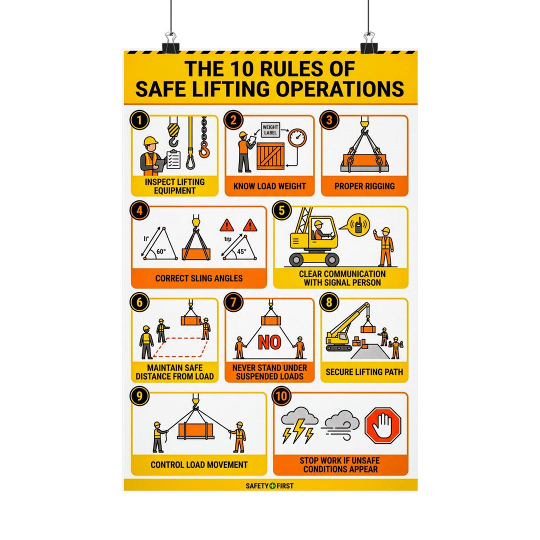 10 Rules Safe Lifting Operations Poster | Crane Rigging Construction ...