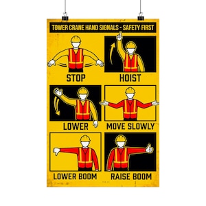 May include: A poster illustrating tower crane hand signals, with the text 'Safety First'. The yellow poster shows six signals: stop, hoist, lower, move slowly, lower boom, and raise boom, each with a diagram of a worker.