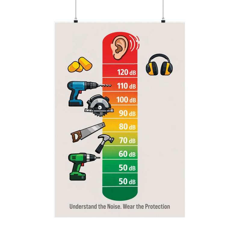 Noise Level Chart Matte Poster | Sound Decibel Guide, Power Tools ...