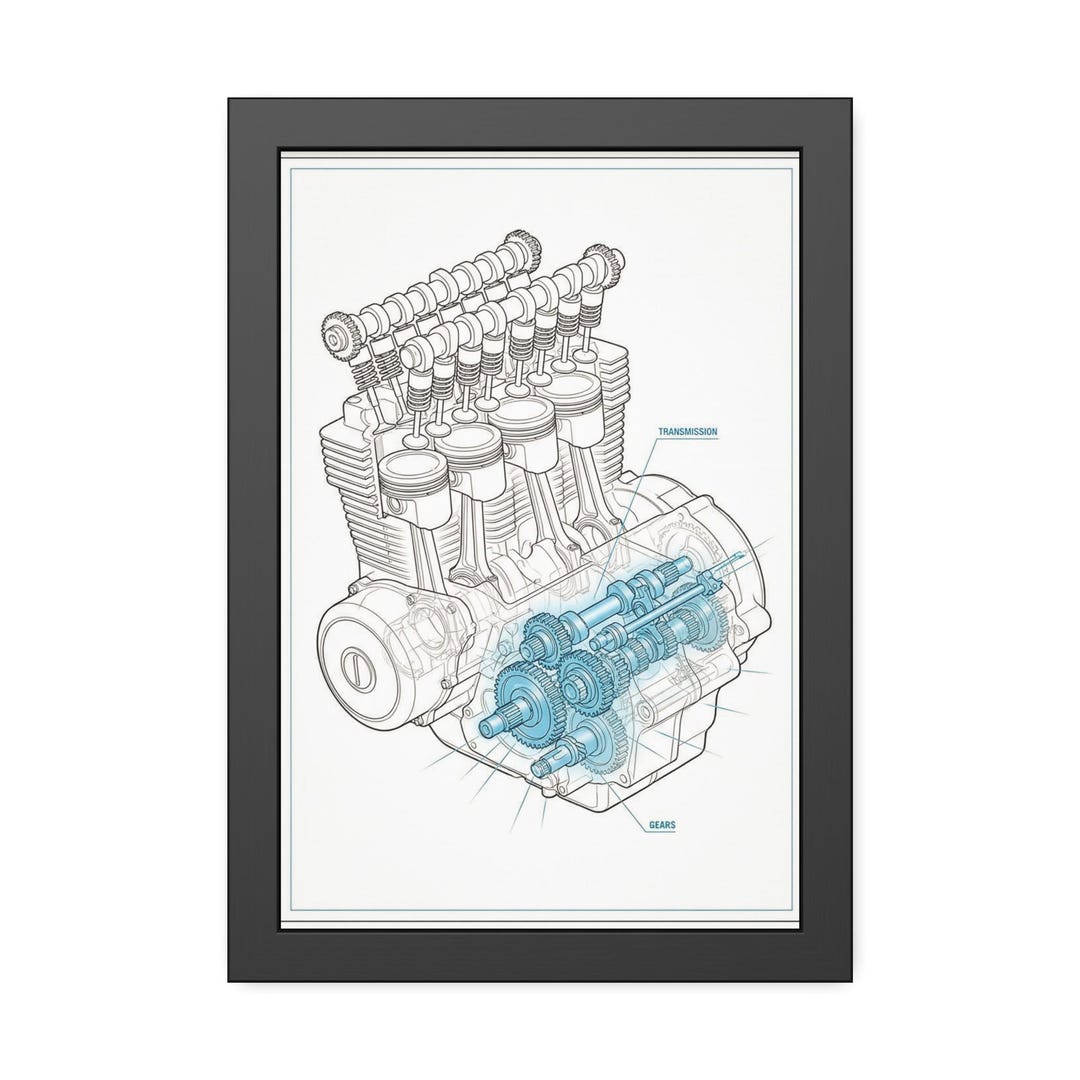 Engine Blueprint Framed Paper Poster | Motorcycle Engine Diagram ...