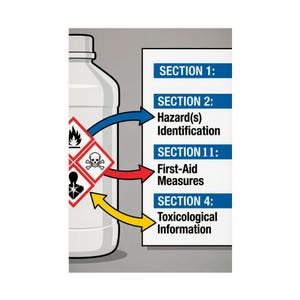 May include: A white bottle with a gray cap, featuring hazard symbols and informational text. The image includes sections on hazard identification, first-aid measures, and toxicological information, with arrows pointing to the bottle.