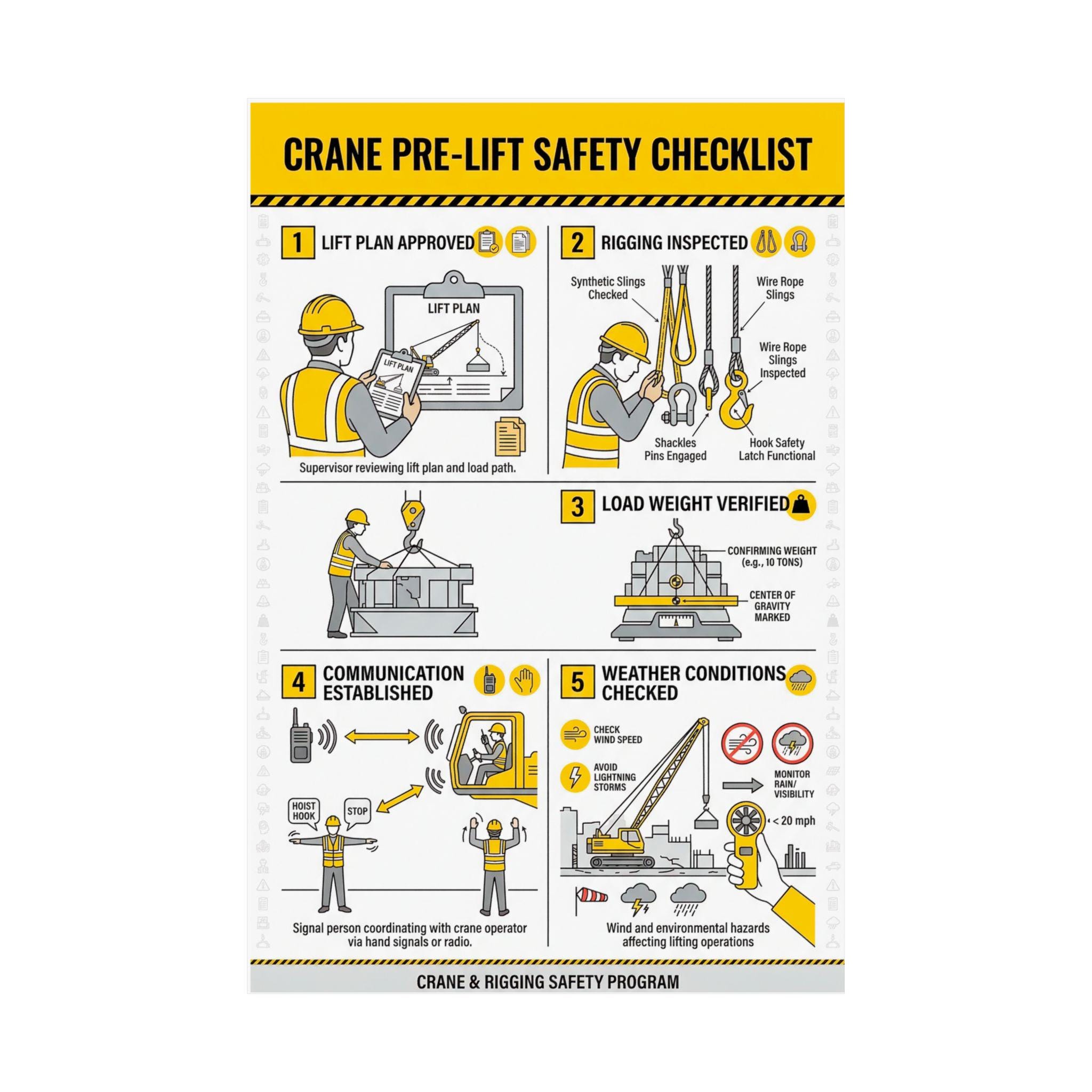 Crane Pre-lift Safety Checklist Poster | Rigging Inspection, Load ...