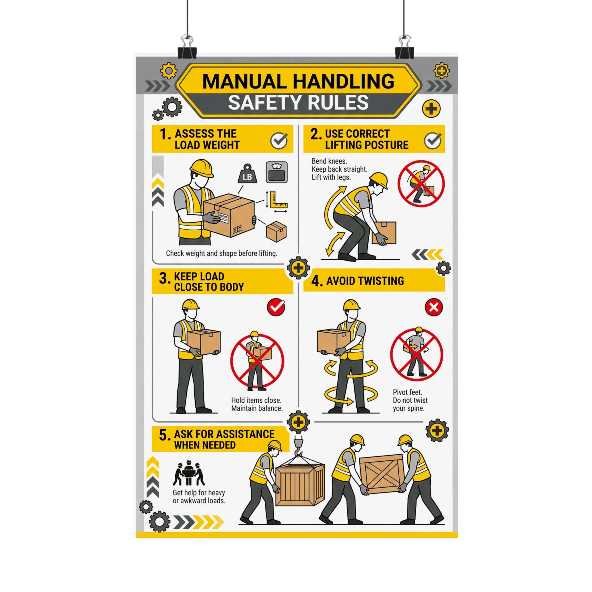 Manual Handling Safety Rules Poster, Lifting Guidelines, Workplace ...