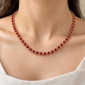 Red Ruby Tennis Necklace in Gold Vermeil, Round Crimson Red Gemstone Choker, Sterling Silver 925 Tennis Chain For Women, July Birthstone