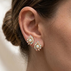 Ethiopian Fire Opal Flower Earrings, Dainty Gold Sunburst Studs, Pear Shaped Opal Cluster Earrings, Unique Wedding Jewelry, Anniversary Gift