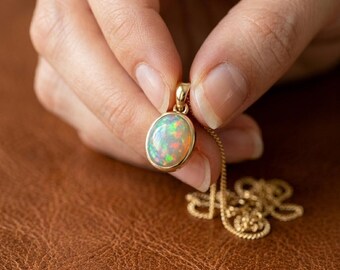 Opal Pendant Necklace, 14K Gold Vermeil Oval Opal Necklace, Dainty Bezel Solitaire Choker, Genuine Fire Opal Jewelry, Birthstone Gift Her
