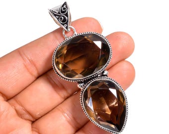 Smoky Quartz Handmade Pendant Necklace- 925 Sterling Silver Statement   Jewelry- Birthday or Wedding Gift For Girlfriend or Sister