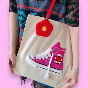 Bolsa Tote para Tênis Bordada à Mão com Ponto Punch Needle - Bolsa de Lona com Bordado Tuplé, Bolsa de Compras Colorida
