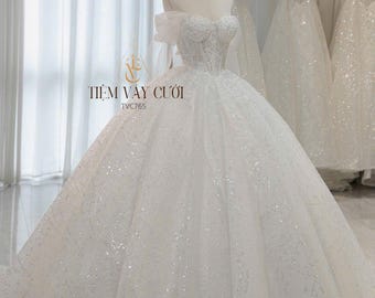 Sparkly Ball Gown Wedding Dress | Off-Shoulder Glitter Princess Bridal Gown