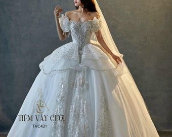 Luxury Off-Shoulder Ball Gown Wedding Dress with Silver Embroidery and Crystal Beading - Glamorous Royal Bridal Gown