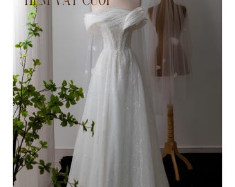 Sparkly Off-the-Shoulder A-Line Wedding Dress, Sequined Folded Neckline Bridal Gown