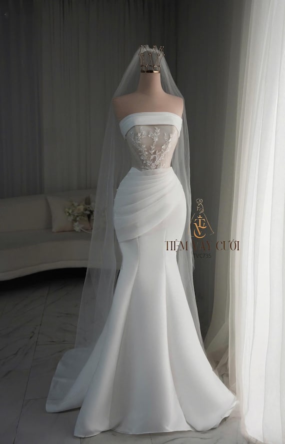 Mermaid Wedding Dress, Sheer Lace Bodice, Draped Silk Skirt, Strapless Bridal Gown