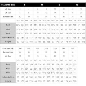 May include: A size chart for clothing, displaying measurements in inches and centimeters. The chart includes standard and plus sizes, with bust, waist, hips, hollow to hem, and height measurements. Sizes range from US 2 to 26W.