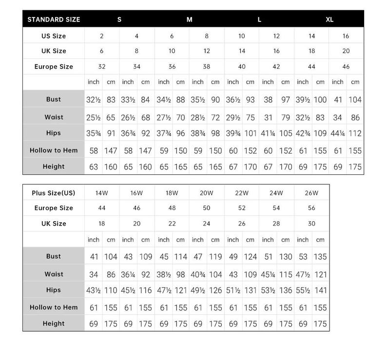 May include: A size chart for clothing, displaying measurements in inches and centimeters. The chart includes standard and plus sizes, with bust, waist, hips, hollow to hem, and height measurements. Sizes range from US 2 to 26W.