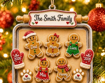 Personalized Family Gingerbread Christmas Ornament 2026, Custom Cookie Tray Ornament with Pets Names, Nana's Perfect Batch, Christmas Gift