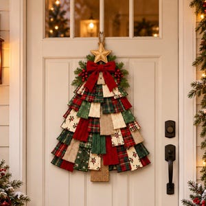 May include: A Christmas tree wall hanging made of layered fabric strips in red, green, and cream plaid patterns, topped with a gold star and a red bow. The decoration is mounted on a light-colored door with a doormat reading Home for the Holidays.