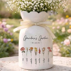 Grandma's Garden Ceramic Flower Vase, Personalized Birth Month Flower Vase, Mothers Day Gift from Kids, Gigi Nana Keepsake