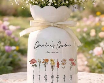 Jarrón de cerámica para el jardín de la abuela, jarrón personalizado para el mes de nacimiento, regalo para el Día de la Madre de los niños, recuerdo de Gigi Nana