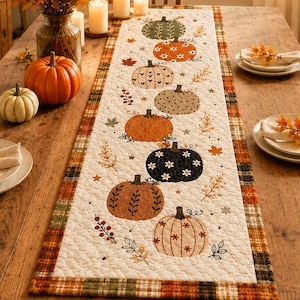 May include: A rectangular quilted table runner featuring a central row of various patterned pumpkins in shades of orange, black, green, and cream, bordered by a plaid fabric trim in autumn colors, displayed on a wooden dining table.