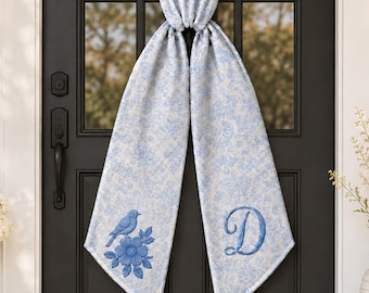 Custom  Wedding Toile de Jouy Wreath Sash, Floral Embroidered Monogram Front Door Decor, Fall Door Bow, Housewarming Gift Farmhouse Decor
