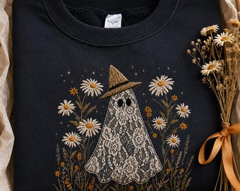 Lace Embroidery Ghost With Daisy Halloween Sweatshirt, Floral Ghost Bow Sweatshirt, Coquette Spooky Season Tee, Cute Fall Halloween Shirt