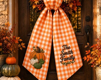 Personalized Fall Pumpkin Wreath Sash, Custom Family Name Door Hanger, Embroidered Autumn Porch Decor, Thanksgiving Gift, Housewarming Gift