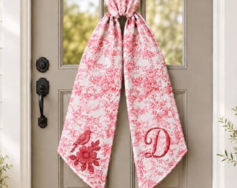 Custom Family Name Wreath Sash, Floral Toile de Jouy Embroidered Monogram Front Door Decor, Fall Door Bow, Housewarming Gift Farmhouse Decor