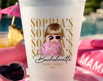 Personalized Bachelorette Frosted Cups with Photo - Custom Face Party Cups - Miami Bachelorette Favors - Funny Photo Cups - Girls Trip Gift