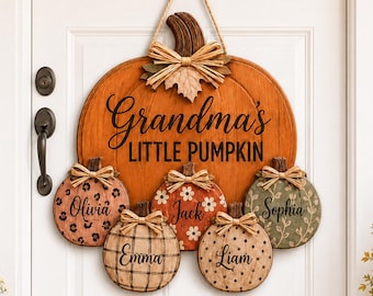 Personalized Grandma Pumpkin Door Sign, Grandkids Name Wooden Door Hanger, Fall Season Decor, Fall Pumpkin Patch Sign, Grandma Gift