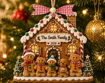 Personalized Gingerbread House Family Ornament With Pets, Gingerbread Ornament 2026, Christmas Gift, Family Ornament, Christmas Tree Decor