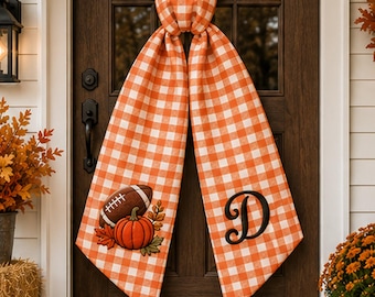 Personalized Fall Football Pumpkin Wreath Sash, Fall Kick Off Wreath Sash, Custom Embroidered Monogram Door Bow, Housewarming Gift